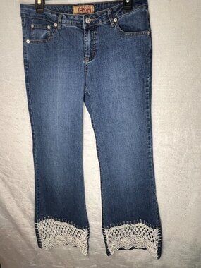 Y2k CoCo Denim flare jeans with crochet hem- Trendy boho vibes womens size 11/12